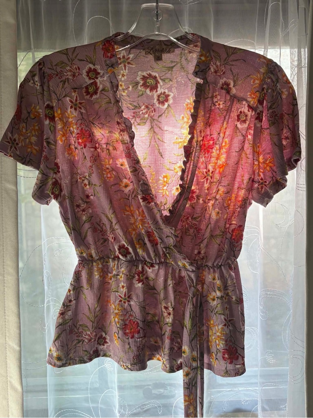 Lavish Pink Floral Wrap Peplum Blouse Girly Girlhoodcore Size Medium